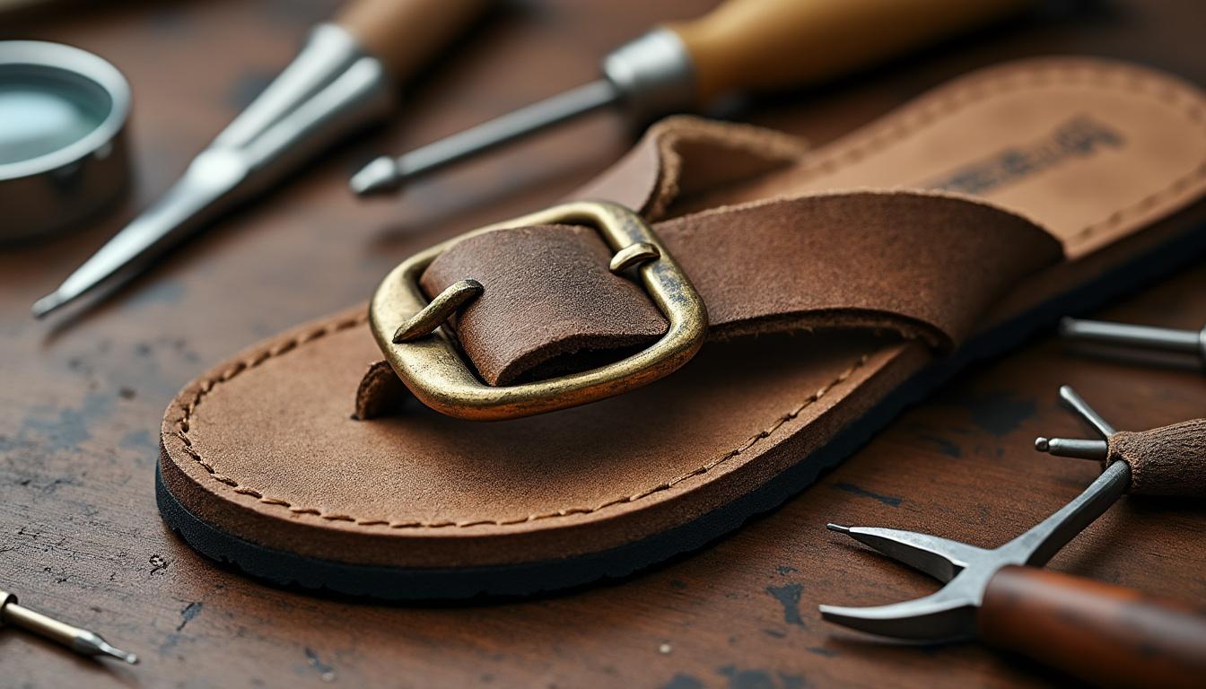 service de réparation professionnel pour boucle cassée sur sandale en cuir, restauration rapide et soignée pour redonner vie à vos chaussures préférées.