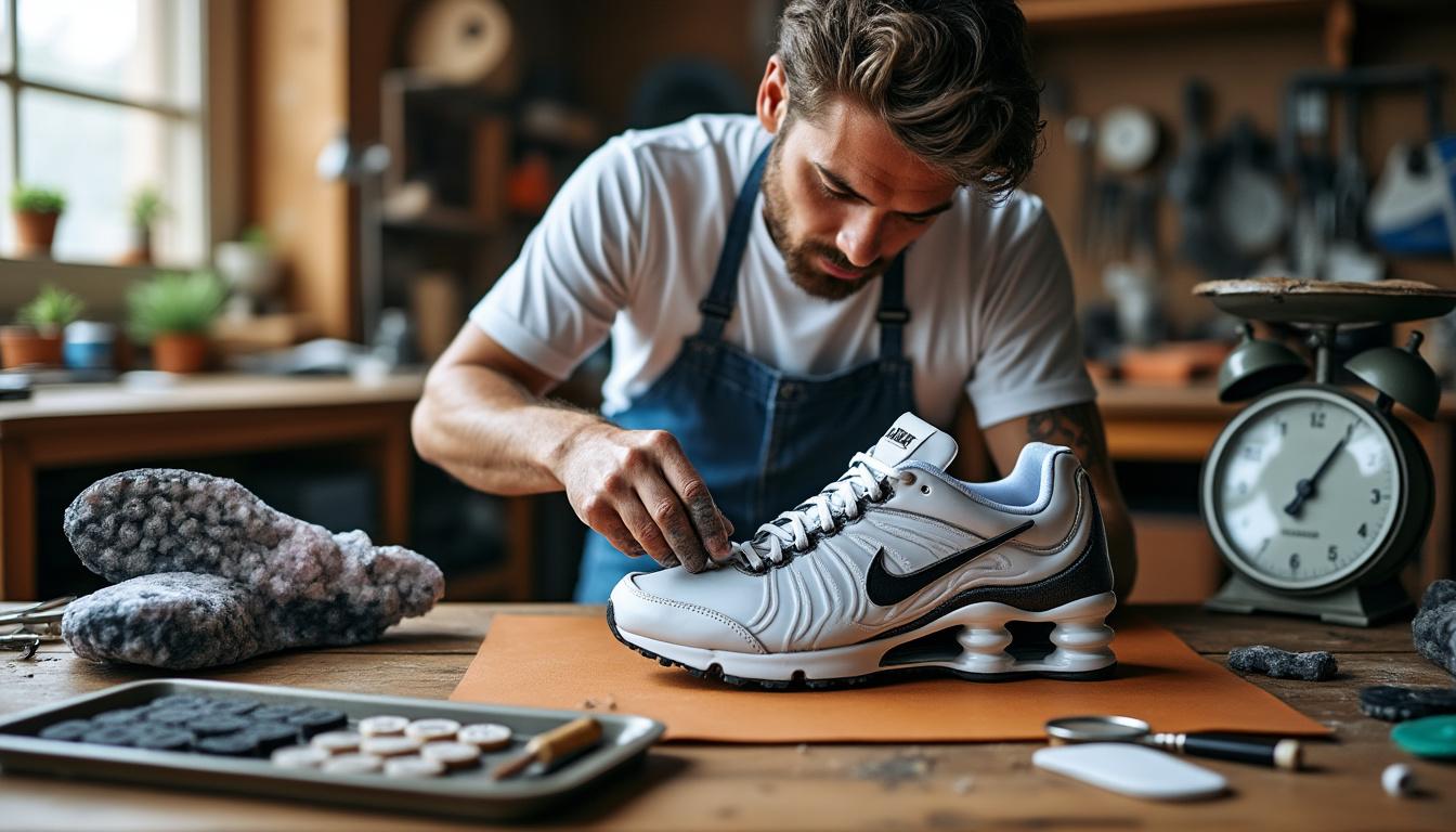 service professionnel de réparation pour semelle nike shox abîmée, redonnez confort et performance à vos chaussures préférées rapidement et à petit prix.