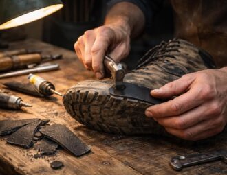 service professionnel de réparation de la semelle extérieure pour vos chaussures de marche, assurant durabilité et confort optimal.