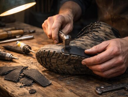 service professionnel de réparation de la semelle extérieure pour vos chaussures de marche, assurant durabilité et confort optimal.