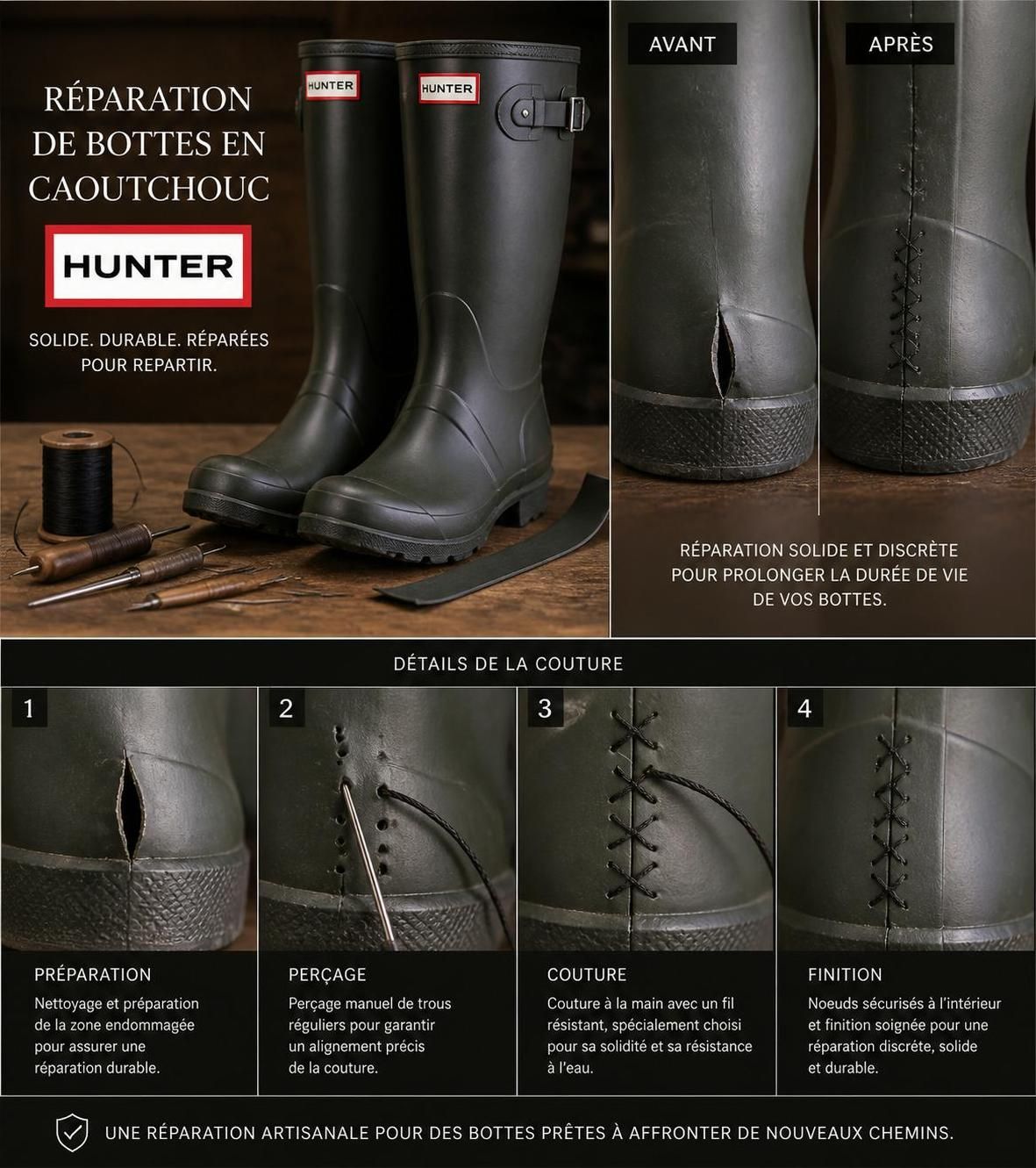 apprenez comment réparer facilement une couture éclatée sur vos bottes en caoutchouc hunter pour prolonger leur durée de vie et garder vos pieds au sec.