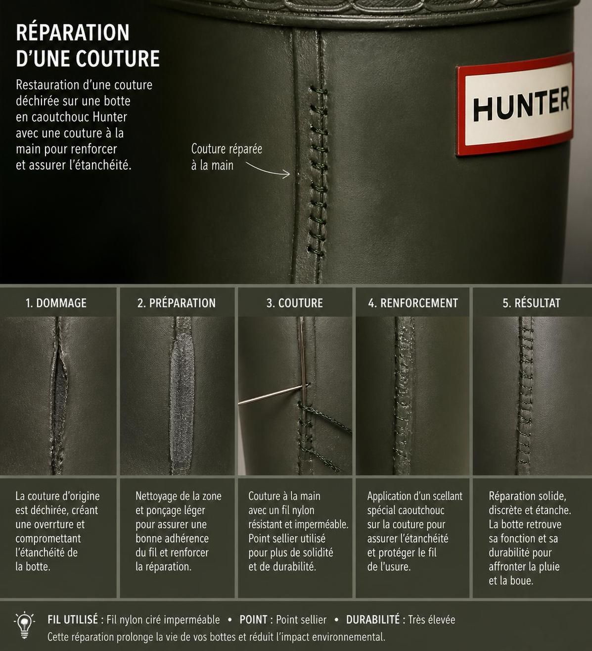 apprenez comment réparer facilement une couture éclatée sur vos bottes en caoutchouc hunter pour leur redonner étanchéité et prolonger leur durée de vie.