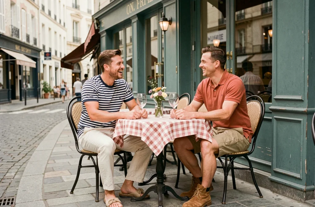 Deux amis en tenues guinguette abordables assis en terrasse de café français, chemise marinière et polo terracotta, ambiance été vintage