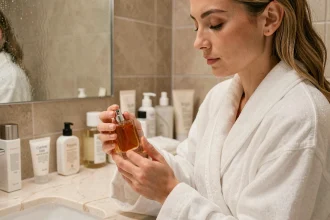 Femme appliquant du parfum sur son poignet dans une salle de bain moderne avec comptoir en marbre