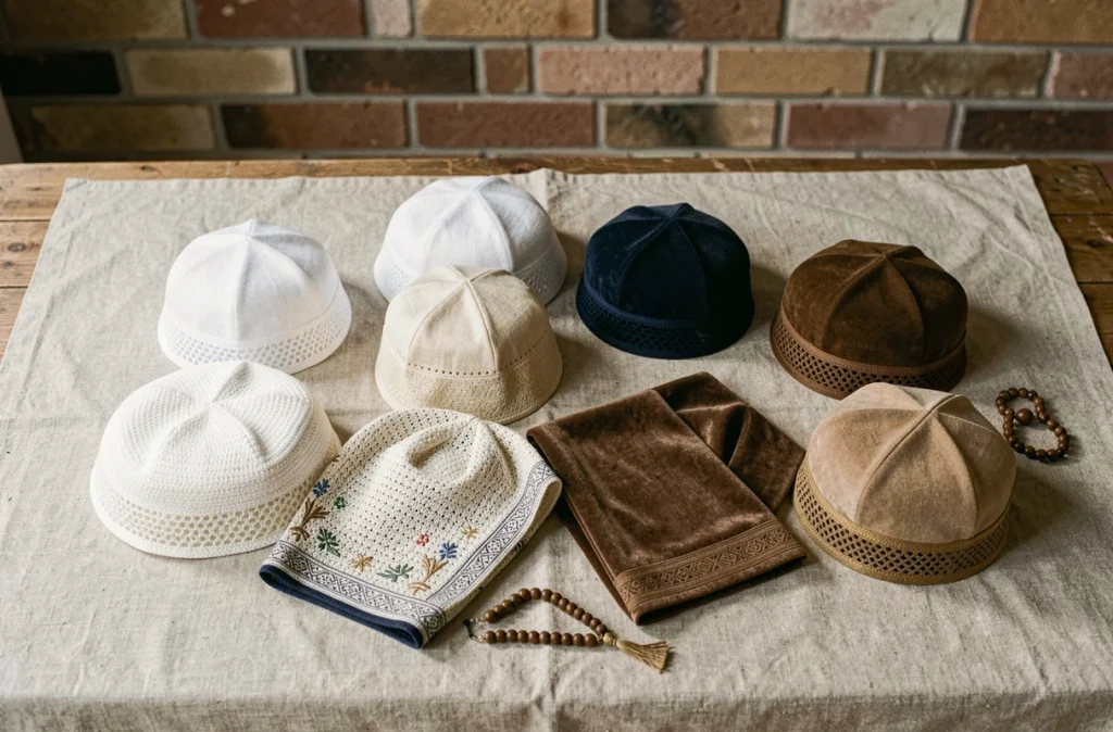 Assortiment de chapeaux de prière musulmans abordables en différentes matières et couleurs disposés sur une table en bois