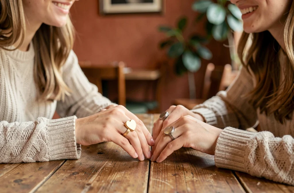 Deux amies portant des bagues cœur magnétiques BFF assorties qui se connectent dans un café rustique