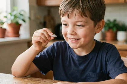 Jeune garçon tenant une bague enfant avec motif voiture en argent, assis à une table en bois dans une cuisine chaleureuse