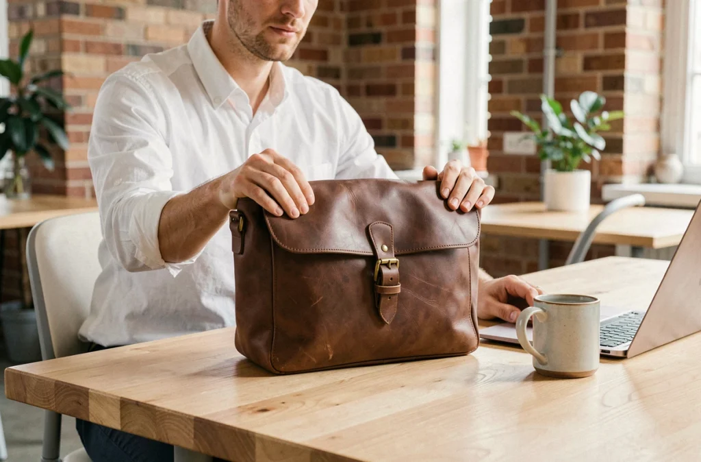 Besace en cuir marron posée sur un bureau en bois par un homme en chemise blanche dans un espace de coworking