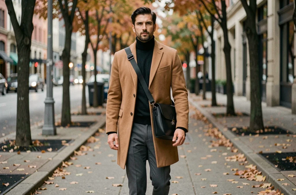 Homme en manteau camel avec une besace en cuir noir en bandoulière marchant en ville en automne, look bureau-décontracté