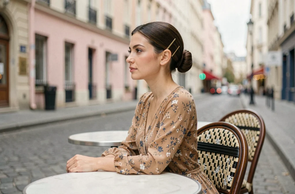 Femme avec un chignon bas élégant et épingles dorées en terrasse de café parisien, coiffure tendance printemps