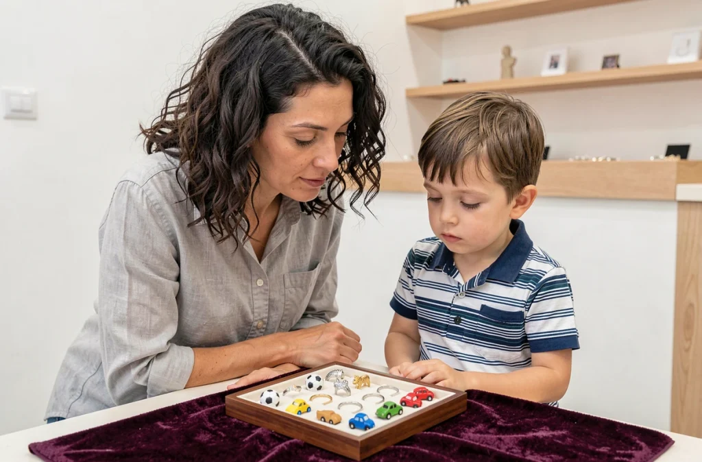 Mère et fils choisissant une bague enfant garçon à motif animal ou ballon dans une bijouterie lumineuse