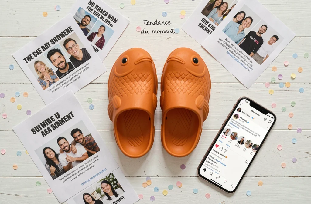 Vue de dessus d'une paire de claquettes en forme de poisson entourée d'impressions de mèmes et d'un smartphone affichant une tendance sur les réseaux sociaux