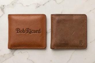 Comparaison côte à côte d'un portefeuille Bob Ricard authentique et d'une copie sur marbre blanc, détail des coutures et du logo