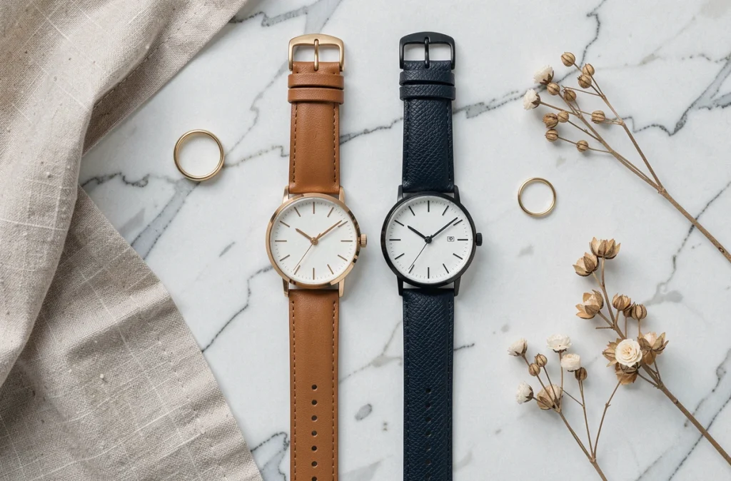 Comparaison flat-lay entre montre double bracelet cuir lisse et cuir grainé pour femme sur marbre blanc