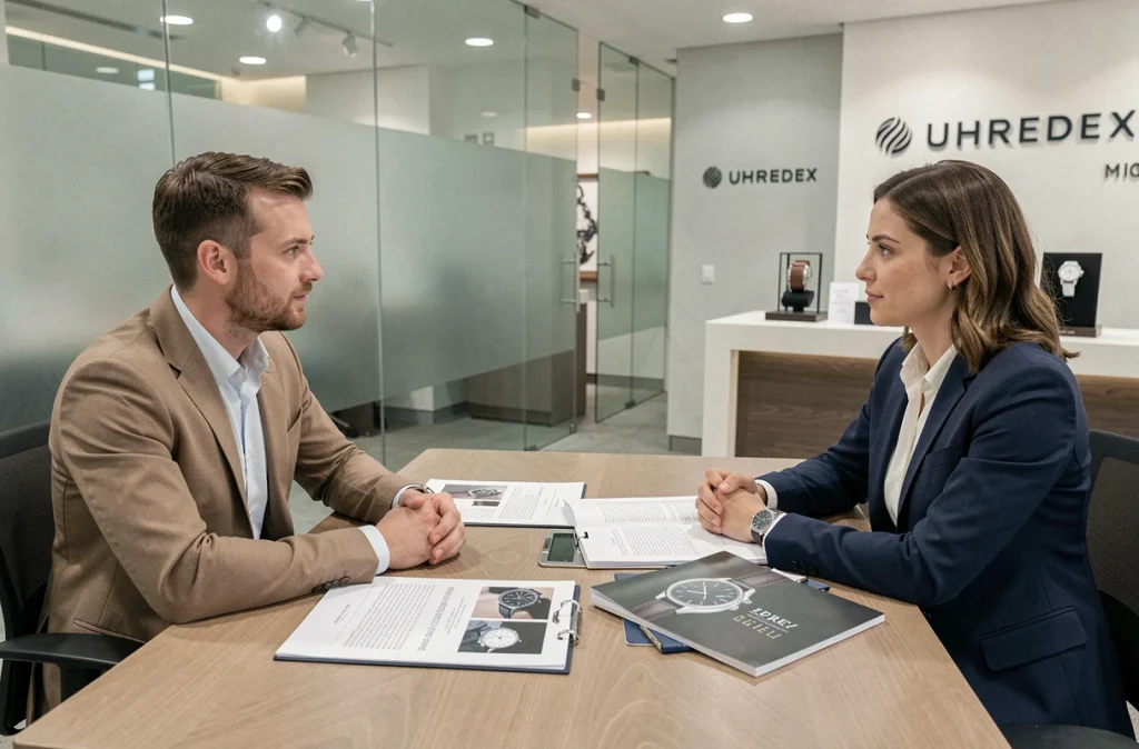 Couple consultant un spécialiste horloger dans une boutique agréée Rolex lors d'un entretien pour liste d'attente