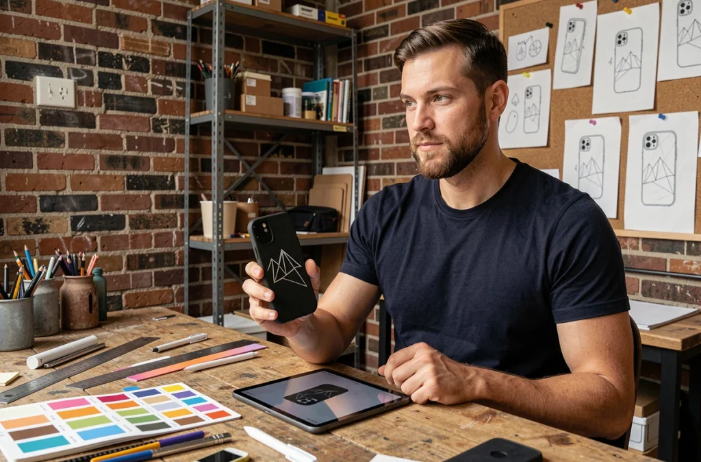 Designer tenant une coque de téléphone gravée avec un motif géométrique minimaliste dans un atelier créatif urbain