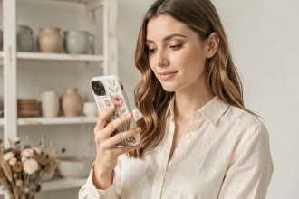 Femme tenant un smartphone avec une coque personnalisée aux motifs botaniques aquarelle dans un intérieur scandinave