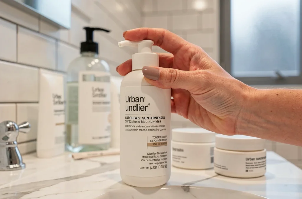 Gros plan sur l'application d'une crème solaire visage sur une coiffeuse en marbre dans un appartement parisien