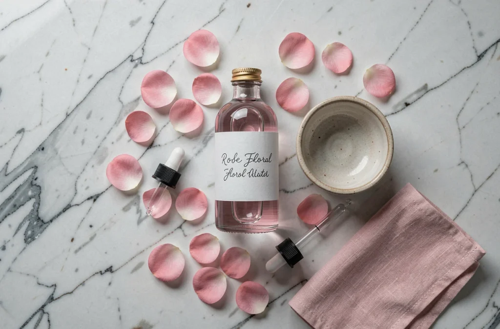 Composition flatlay d'une eau florale à la rose avec des pétales frais sur marbre blanc pour la beauté de la peau