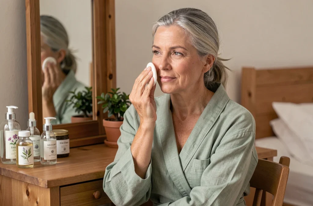 Femme mature appliquant une eau florale avec un coton sur son visage devant une coiffeuse en bois pour un soin naturel