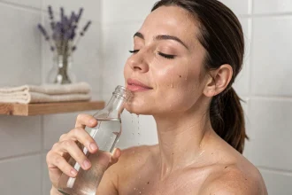 Femme appliquant une eau florale sur son visage dans une salle de bain minimaliste pour une peau éclatante
