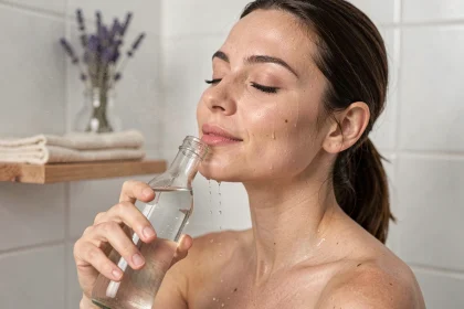 Femme appliquant une eau florale sur son visage dans une salle de bain minimaliste pour une peau éclatante