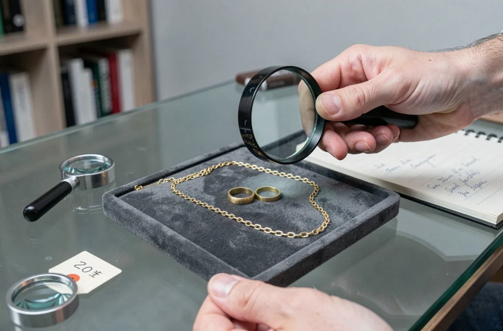 Bijoux plaqués or en cours d'expertise sur plateau velours avec loupe d'évaluation