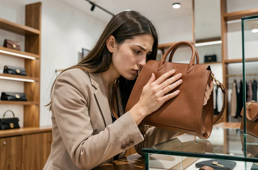 Femme inspectant un sac Bob Ricard en boutique pour vérifier son authenticité, détail des coutures et de la qualité du cuir