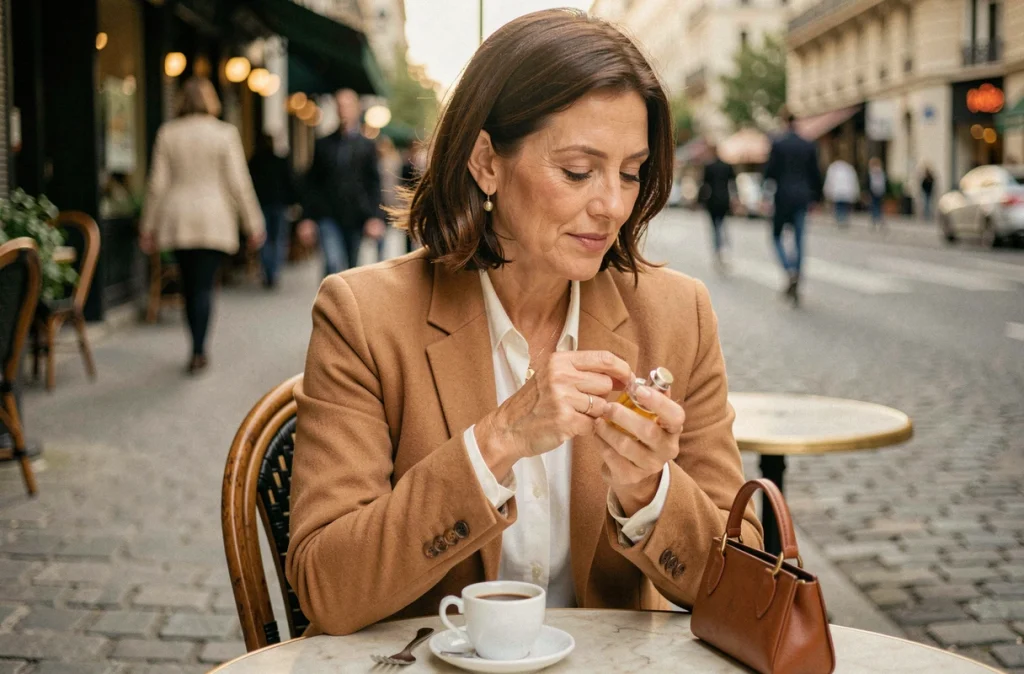 Femme élégante appliquant du parfum au creux du coude en terrasse de café parisien