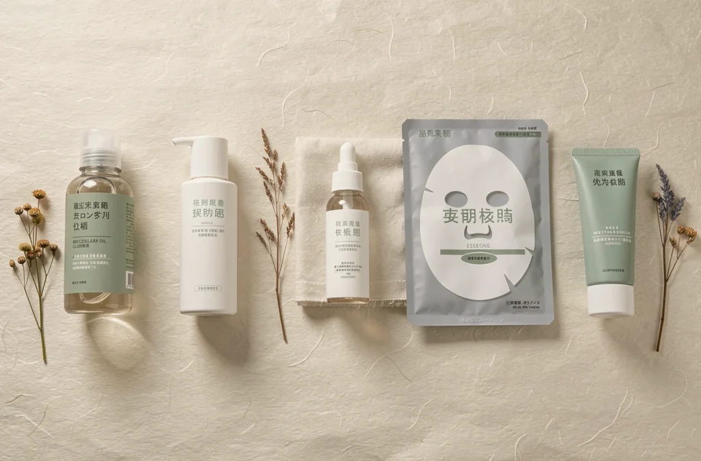 Flat-lay de produits de soin issus de la routine de layering asiatique disposés en séquence sur papier washi japonais
