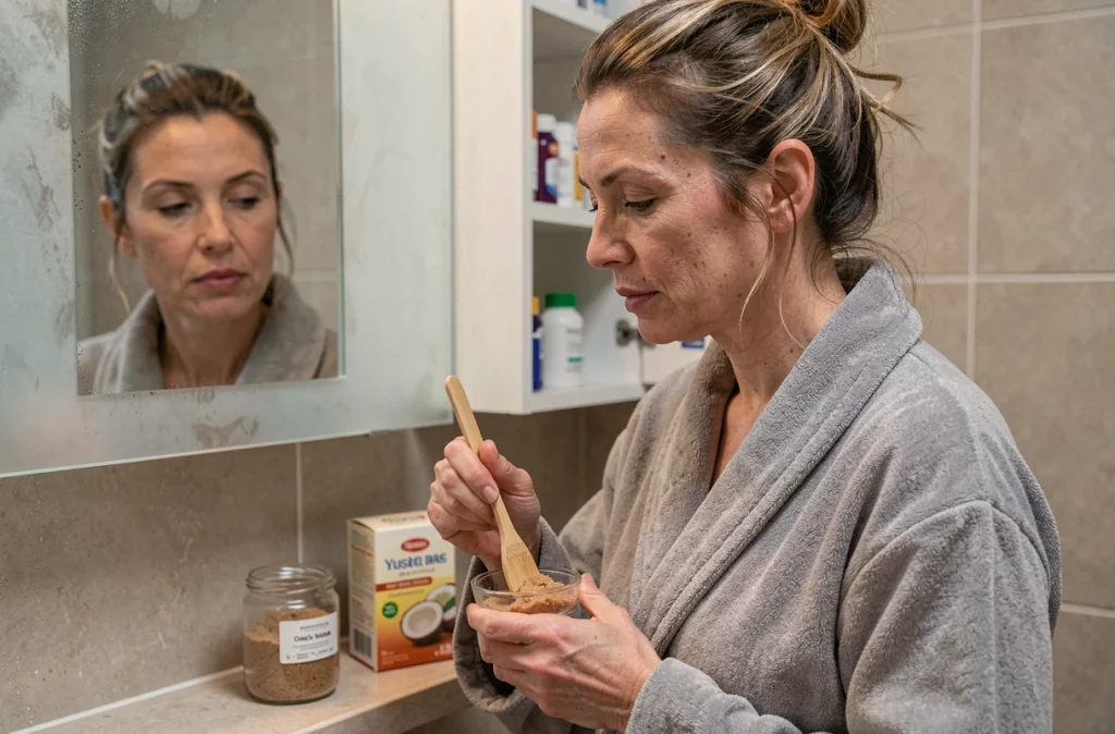 Femme préparant un gommage maison pour lèvres abîmées dans une salle de bain moderne
