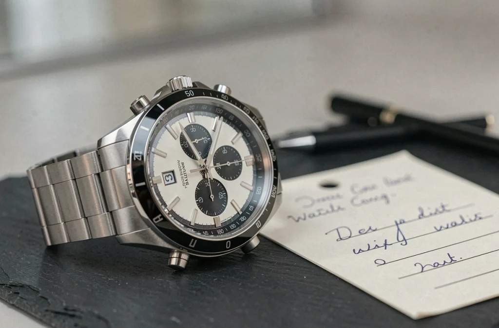 Gros plan d'une montre Daytona en acier sur ardoise avec une carte de liste d'attente manuscrite et un stylo