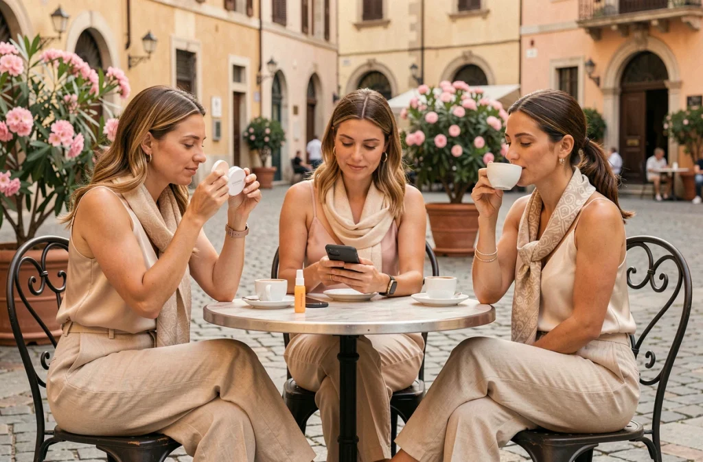 Trois femmes intégrant la protection solaire dans leur routine beauté à une terrasse de café en ville