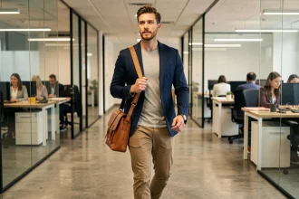 Homme en blazer marine portant une besace en cuir camel dans un couloir de bureau moderne, style bureau-décontracté