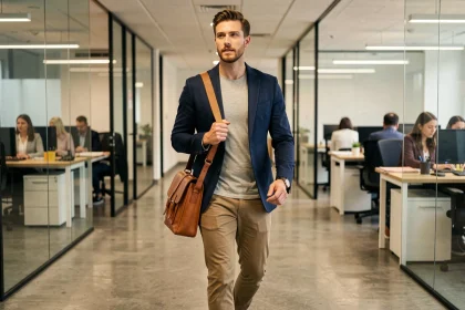 Homme en blazer marine portant une besace en cuir camel dans un couloir de bureau moderne, style bureau-décontracté