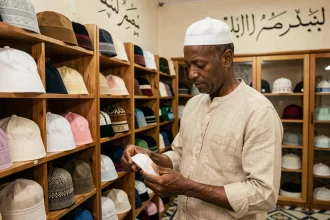 Homme musulman choisissant un chapeau de prière dans une boutique islamique abordable avec un large choix de kufis