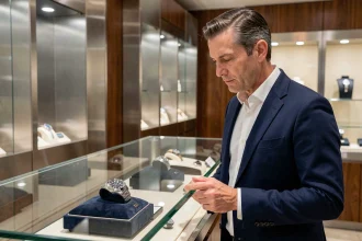 Homme élégant examinant une montre chronographe dans une boutique Rolex officielle au comptoir de vente
