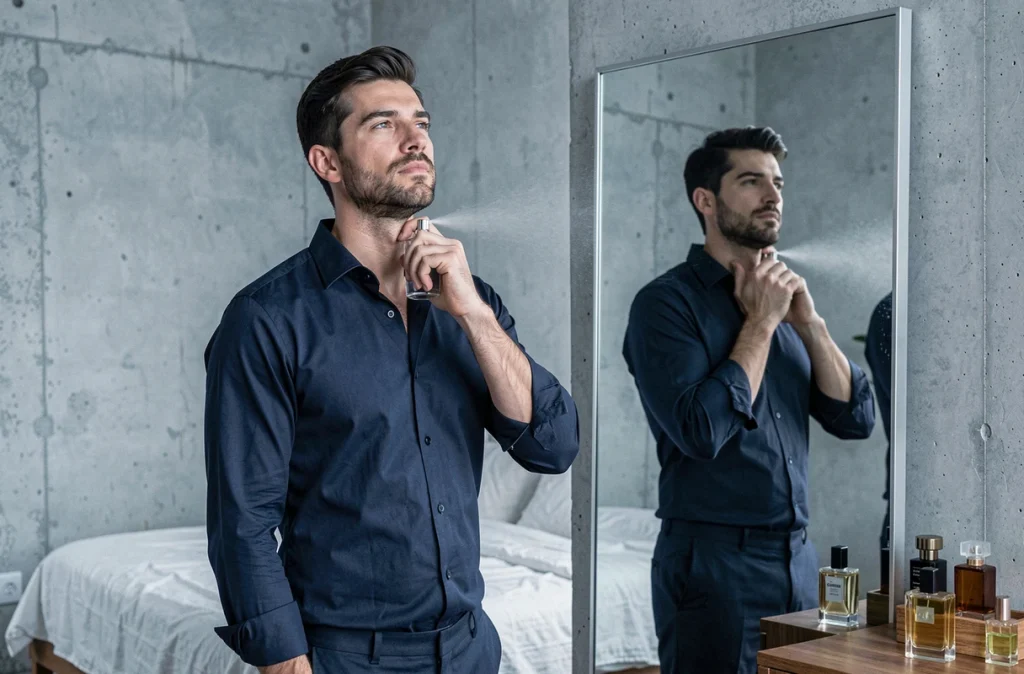 Homme vaporisant de l'eau de cologne sur son cou devant un miroir dans une chambre minimaliste