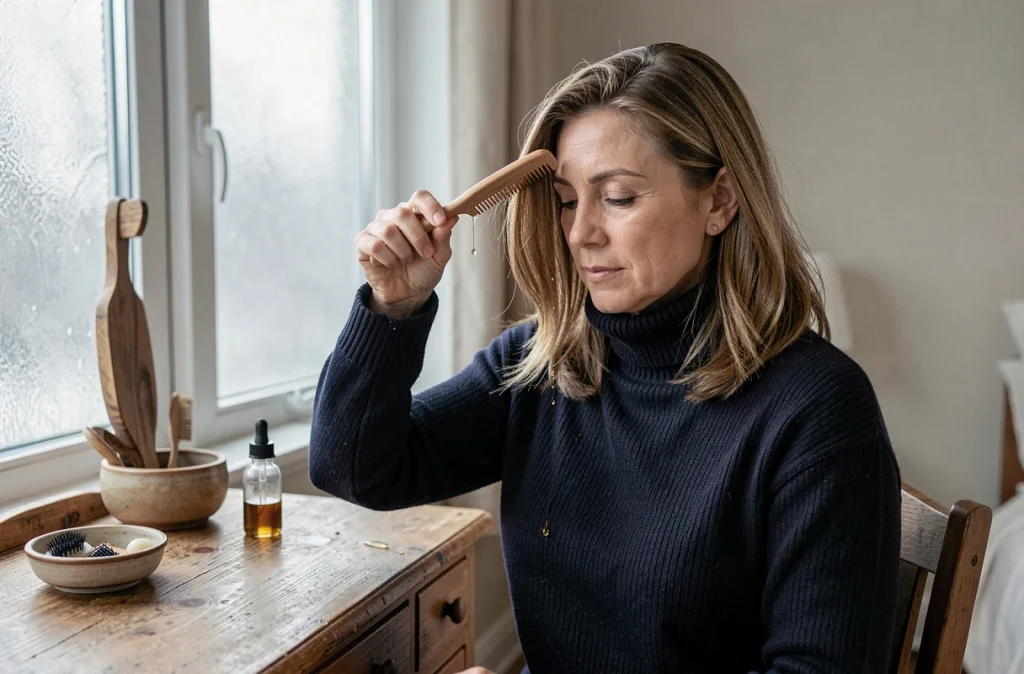 Femme appliquant de l'huile d'argan sur ses cheveux avec un peigne à dents larges devant une coiffeuse en bois en hiver