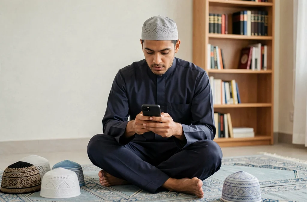 Jeune homme musulman comparant les prix de chapeaux de prière en ligne depuis chez lui pour un achat économique