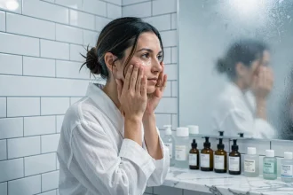 Femme française appliquant une essence coréenne dans sa routine de soin layering asiatique dans une salle de bain parisienne minimaliste