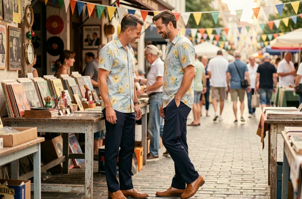 Homme en chemise fleurie et pantalon marine style guinguette économique, flânant dans un marché aux puces en plein air
