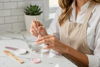 Femme appliquant du vernis rose pâle sur ses ongles à la maison avec des outils de manucure sur un plan de travail en marbre