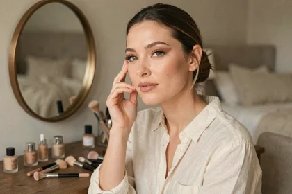 Femme aux cheveux châtains appliquant un maquillage nude naturel devant une coiffeuse en bois avec pinceaux et fonds de teint