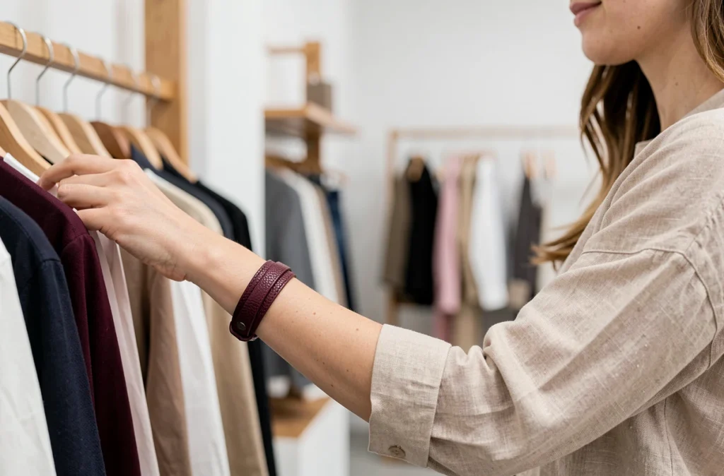 Femme portant une montre bracelet double tour en cuir grainé bordeaux dans une boutique de mode