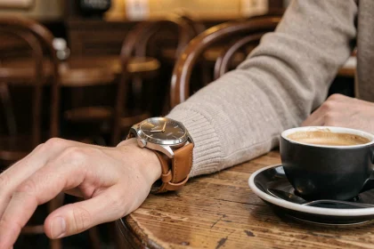 Montre double bracelet cuir lisse cognac portée au poignet d'une femme dans un café parisien