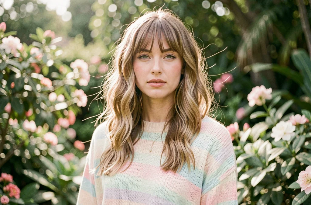 Femme aux ondulations naturelles et frange rideau dans un jardin botanique fleuri, tendance coiffure printemps