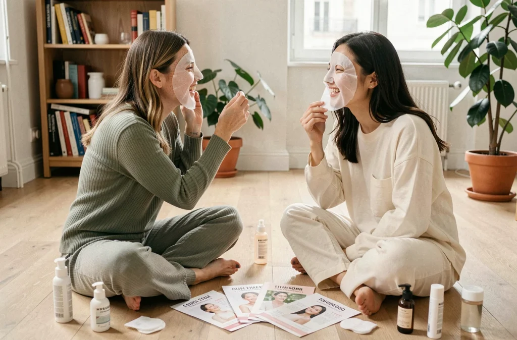 Deux jeunes femmes, française et coréenne, partageant une routine de layering asiatique avec des masques en tissu dans un appartement parisien
