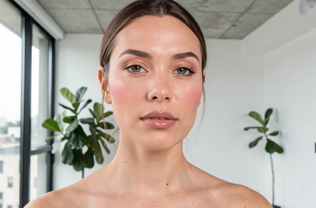 Portrait en gros plan d'une femme avec un maquillage nude minimaliste près d'une grande fenêtre dans un appartement moderne et lumineux