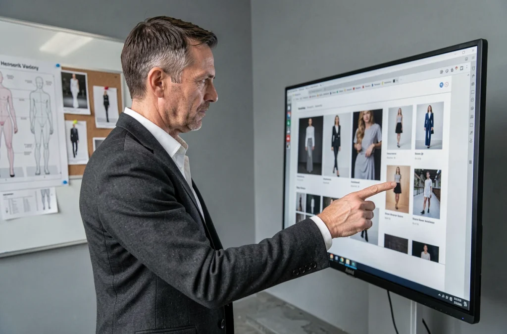 Professionnel de la mode analysant des photos de mannequins sur écran dans un bureau de studio avec des charts de mensurations